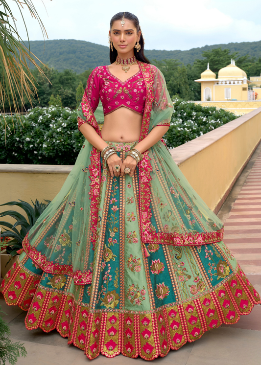 Teal Green and Rani Pink Silk Embroidered Bridal Lehenga Choli