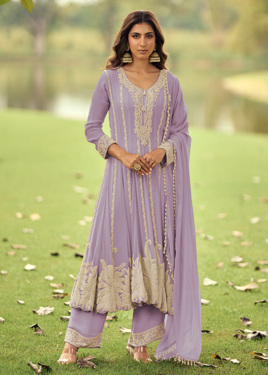 Lavender Purple Georgette Anarkali Suit Set With Beadwork