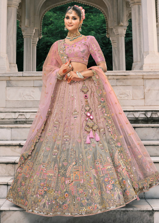 Pastel Pink & Grey Ombre Effect Mirror Work Embroidered Silk Lehenga Choli