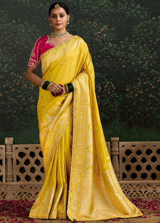 Yellow Dola Banarasi Silk Saree & Red Embroidered Blouse