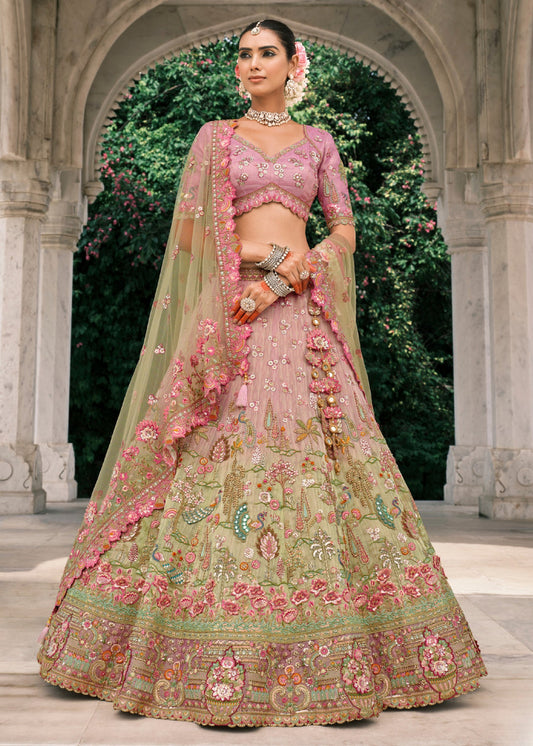 Pink & Pista Green Ombre Effect Embroidered Banarasi Silk Lehenga Choli