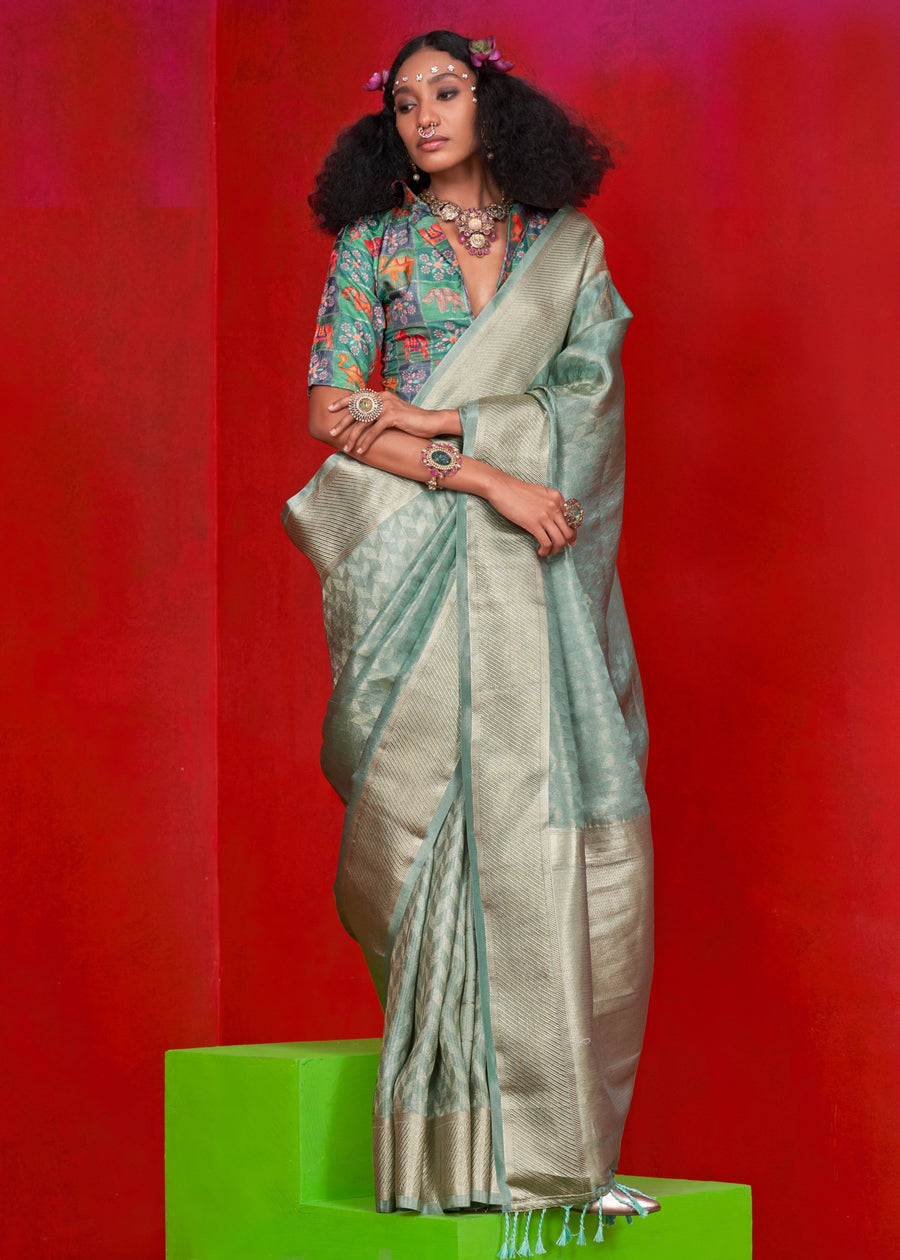 Ocean Green Banarasi Tissue Silk Handloom Saree