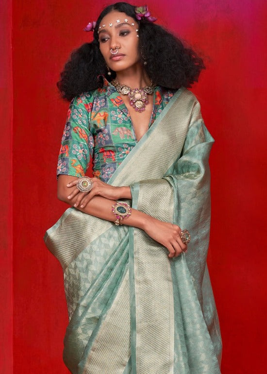 Ocean Green Banarasi Tissue Silk Handloom Saree