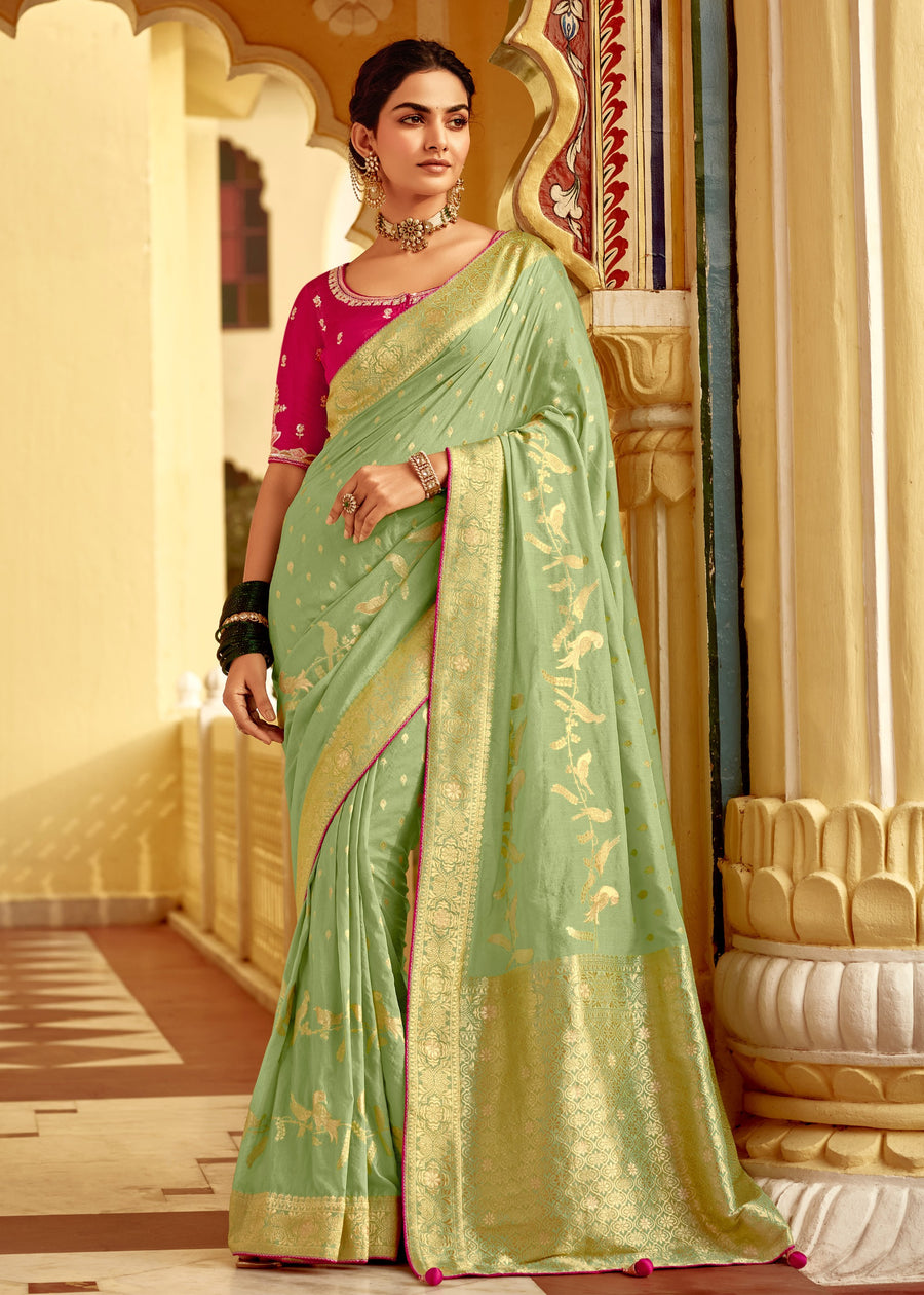 Dola Banarasi Silk Pista Green Saree With Contrast Red Embroidered Blouse