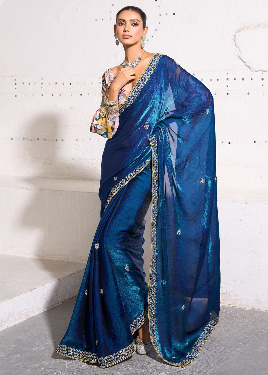 Crushed Tissue Royal Blue Embroidered Saree & Printed Blouse