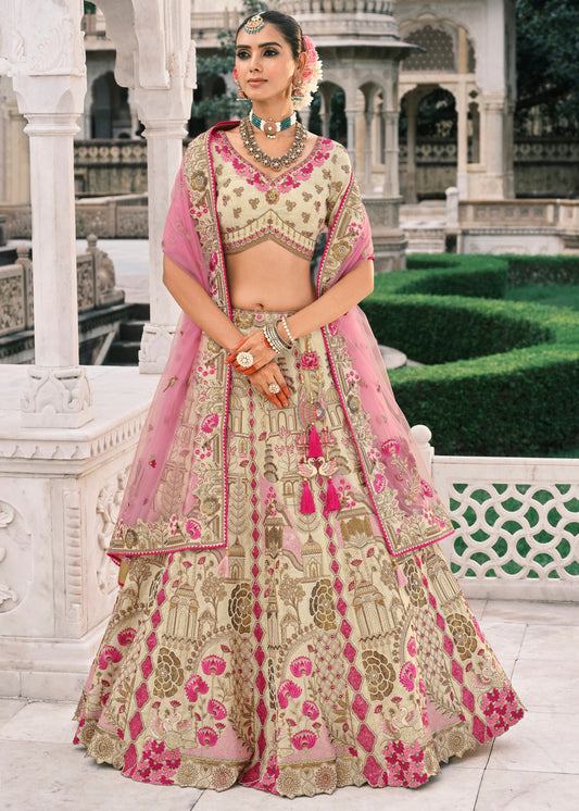 Cream & Pink Embroidered Silk Lehenga Choli