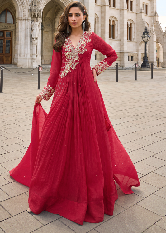 Red Anarkali Style Chinon Silk Gown Suit With Dupatta