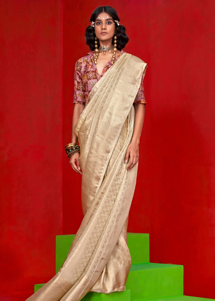 Cream Banarasi Tissue Silk Handloom Saree