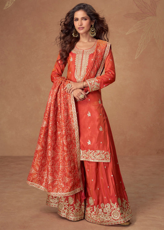 Orange Readymade Silk Suit Set With Dupatta