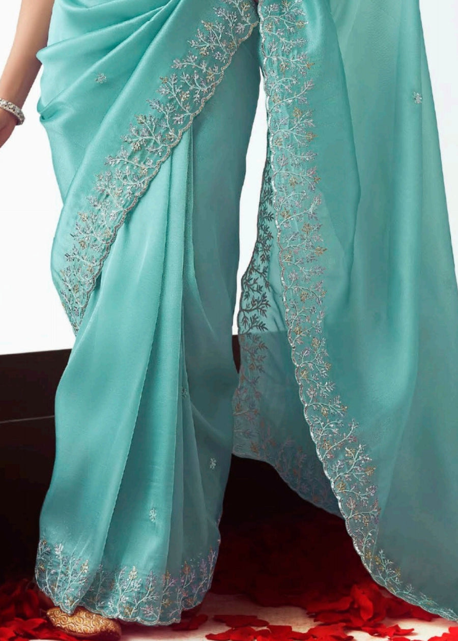 Pastel Blue Organza Tissue Silk Embroidered Saree with Yellow Banarasi Blouse