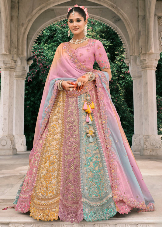 Pink, Blue & Yellow Embroidered Silk Lehenga Choli