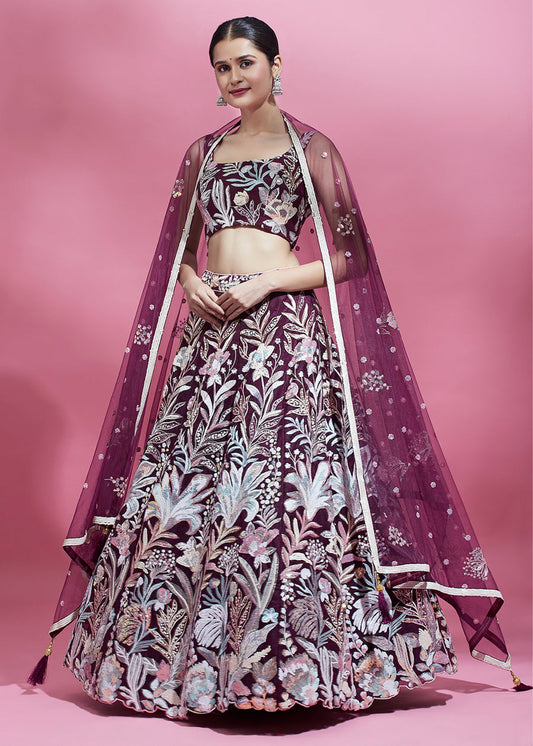 Wine Red Lehenga Choli With Sequins Embroidery