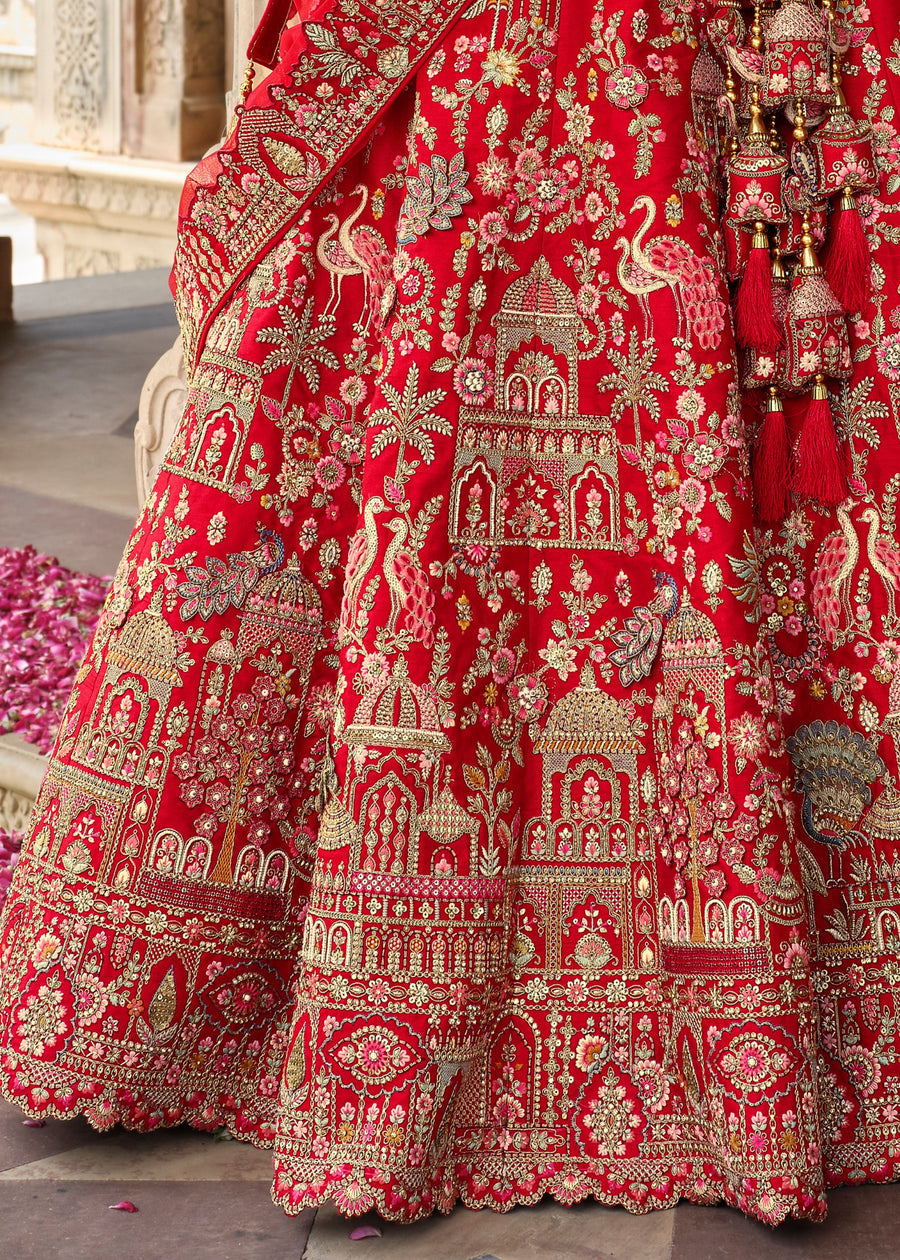 Red Silk Bridal Lehenga Choli with Zari Work