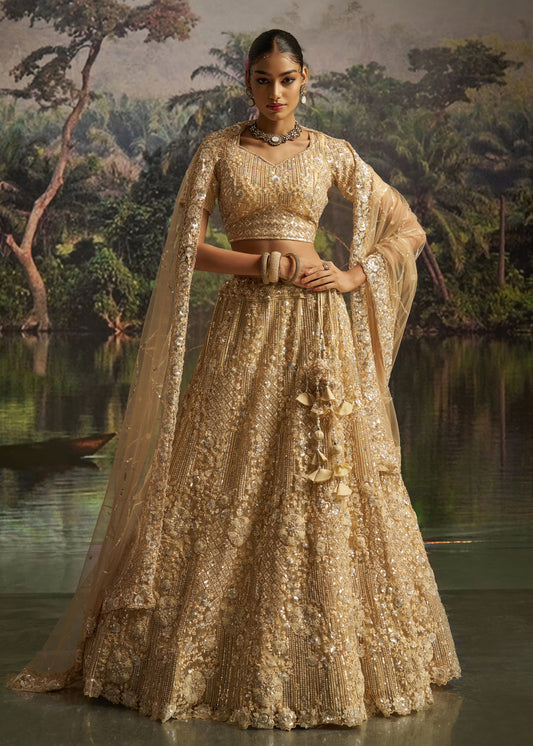 Light Gold Designer Lehenga Choli With Sequins Embroidery
