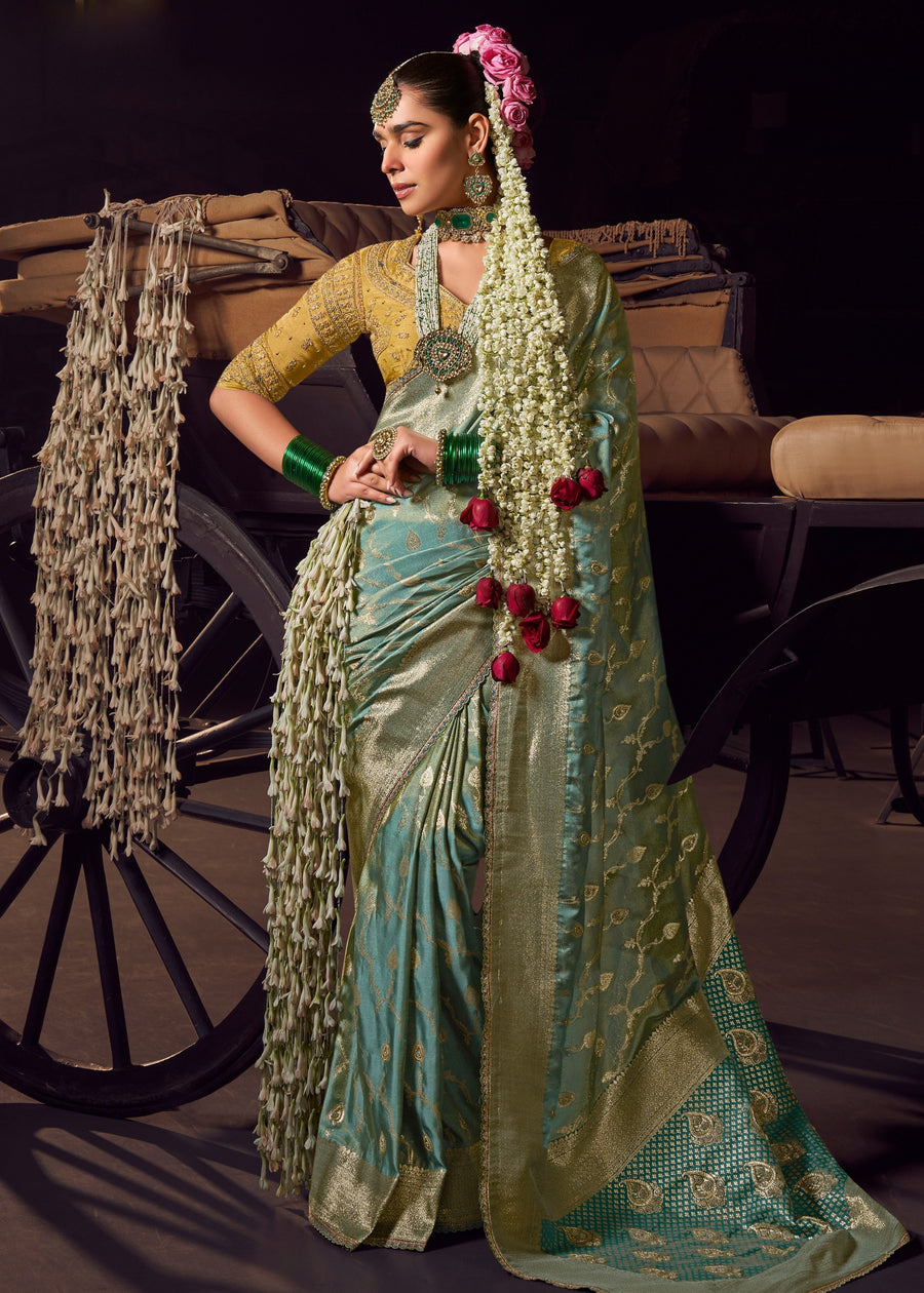 Banarasi Tissue Silk Sky Blue Handloom Saree & Contrast Yellow Embroidered Blouse