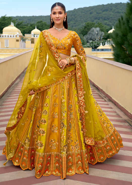 Mustard Yellow and Lime Green Silk Bridal Lehenga Choli
