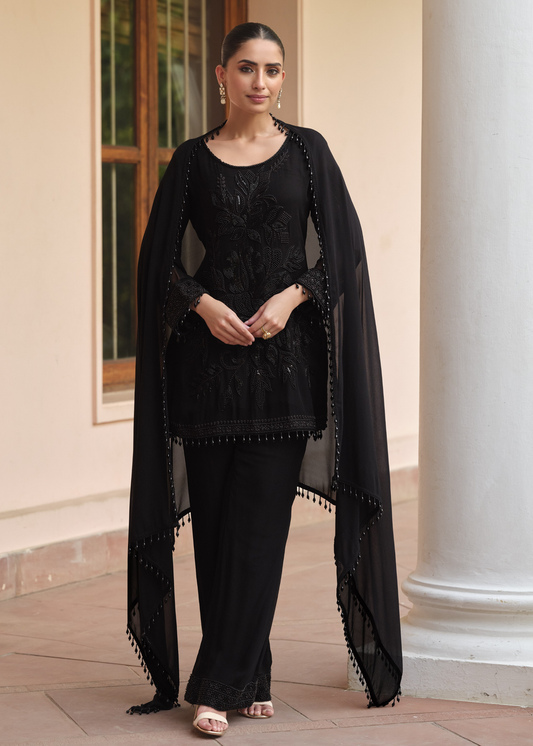 Black Georgette Parallel Suit Set With Dupatta