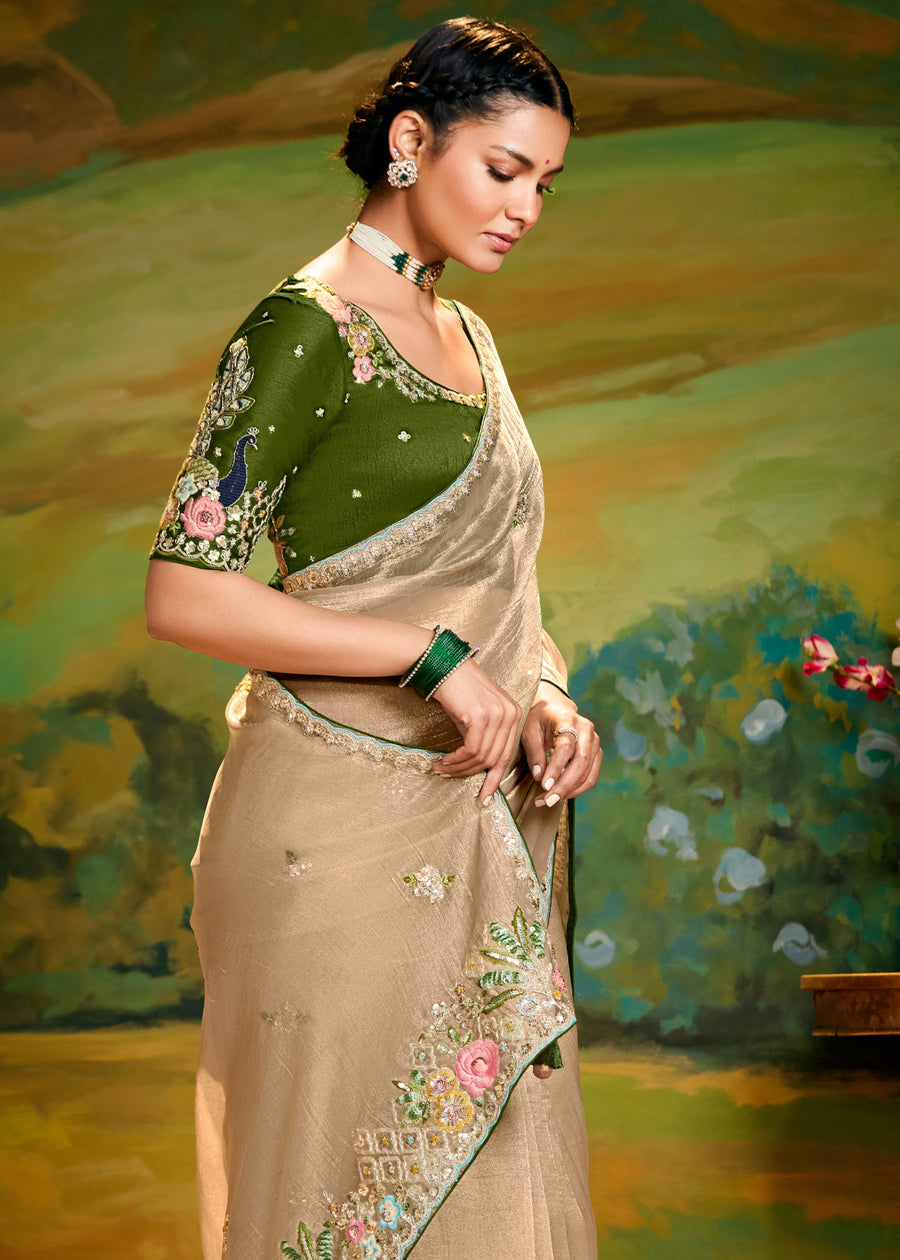 Crushed Satin Tissue Beige Embroidered Saree & Mehendi Green Blouse