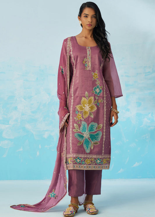 Mauve Purple Crushed Tissue Silk Ethnic Pant Style Suit With Dupatta
