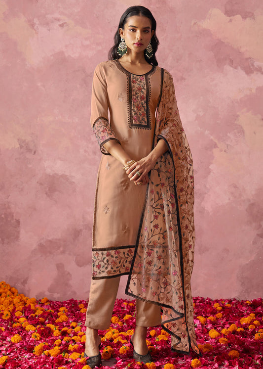 Designer Readymade Beige Georgette Pant Style Suit Set