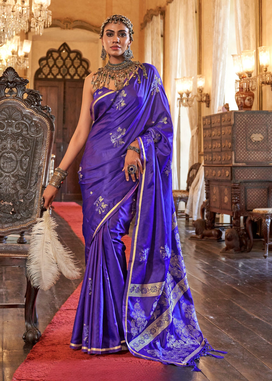 Pure Banarasi Satin Silk Violet Purple Handloom Saree