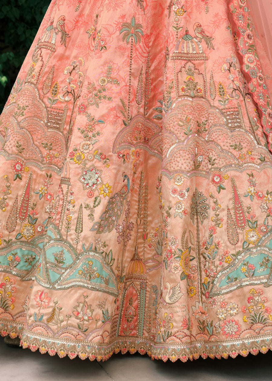 Peach Embroidered Silk Bridal Lehenga Choli