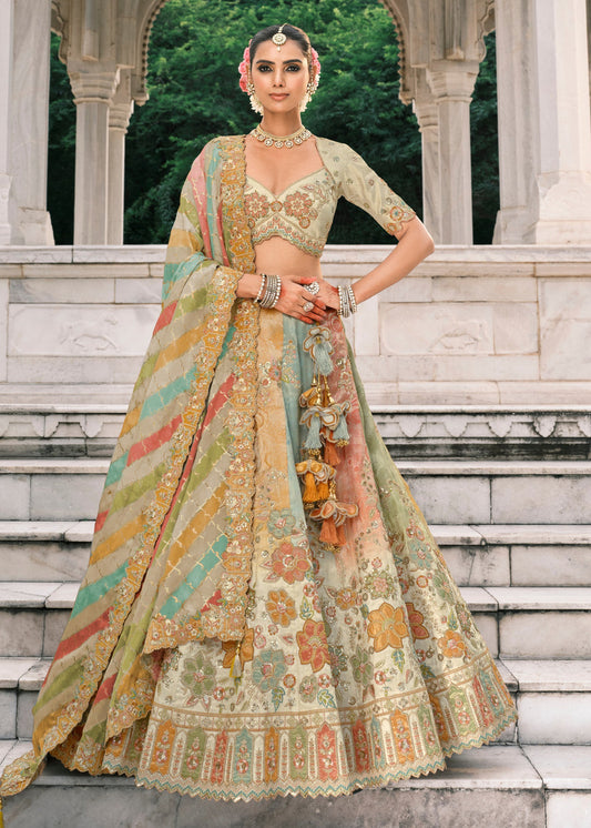 Cream Embroidered Silk Lehenga Choli & Multicolor Dupatta