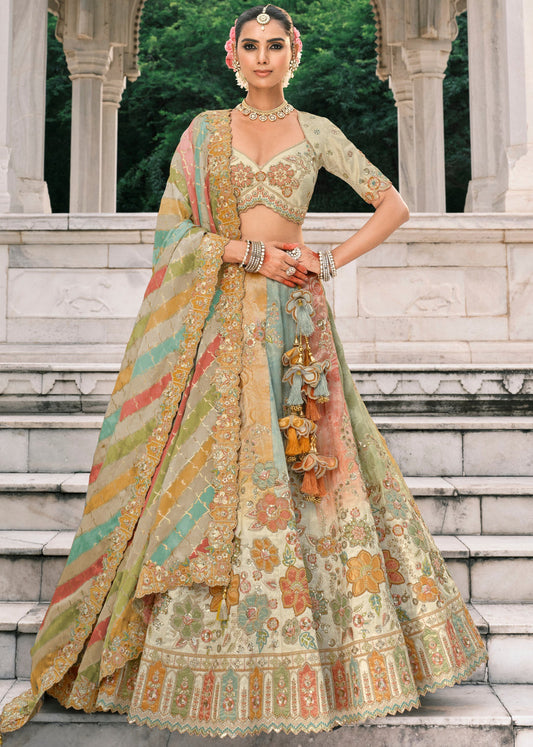Cream Embroidered Silk Lehenga Choli & Multicolor Dupatta