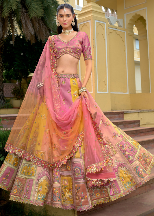 Coral Pink & Yellow Silk Bridal Lehenga Choli