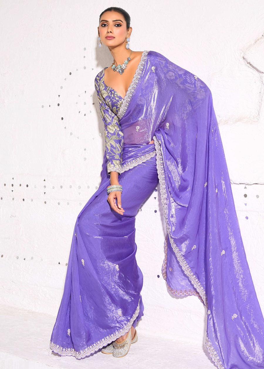 Crushed Tissue Lavender Purple Embroidered Saree & Printed Blouse