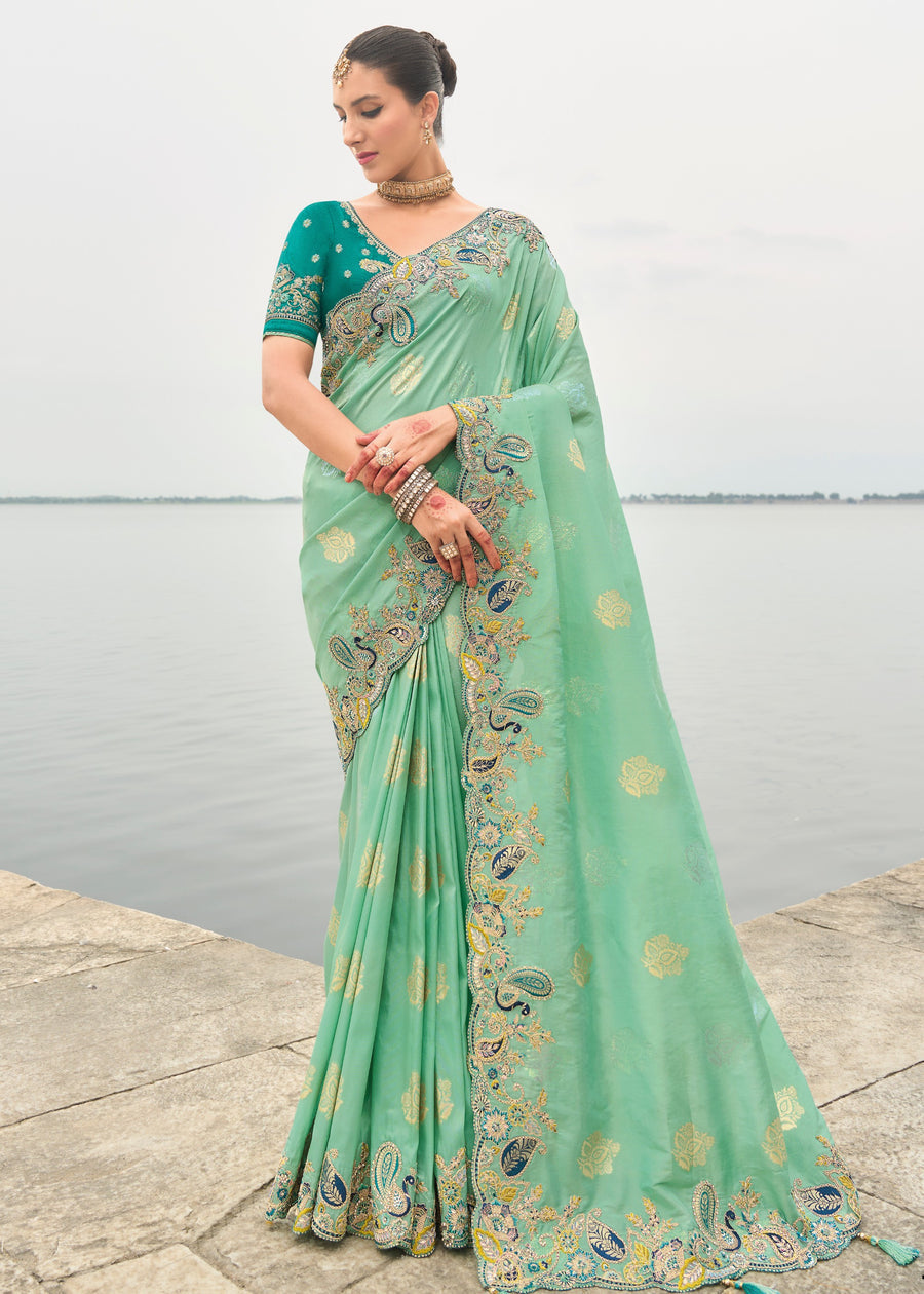 Banarasi Viscose Tissue Silk Mint Green Handloom Embroidered Saree With Cut Work Border