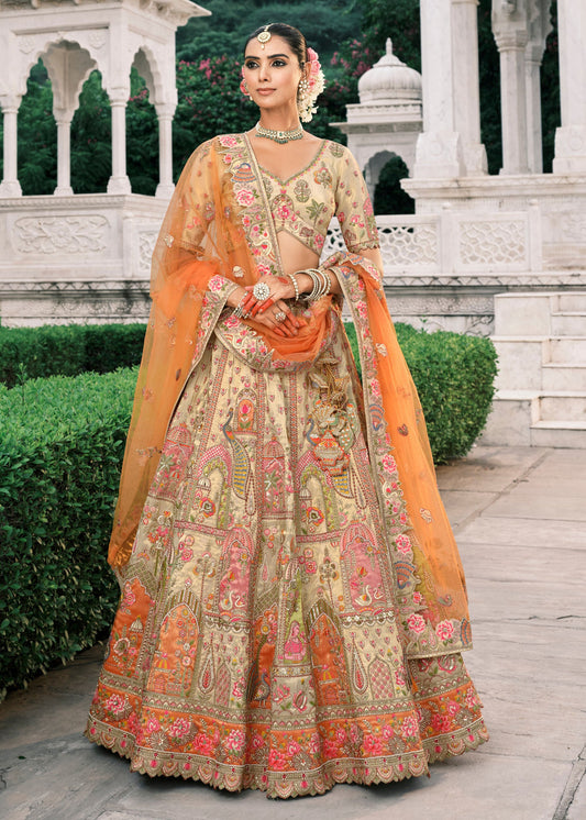 Light Golden & Orange Embroidered Banarasi Silk Lehenga Choli