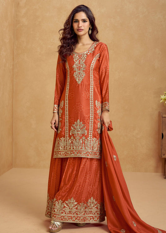 Designer Readymade Orange Chinon Silk Palazzo Suit Set