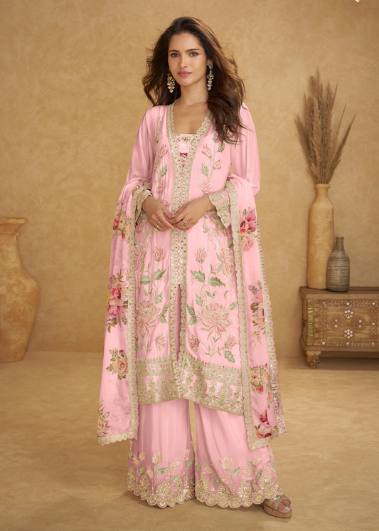 Designer Pastel Pink Chinon Silk Suit Set With Palazzo & Dupatta