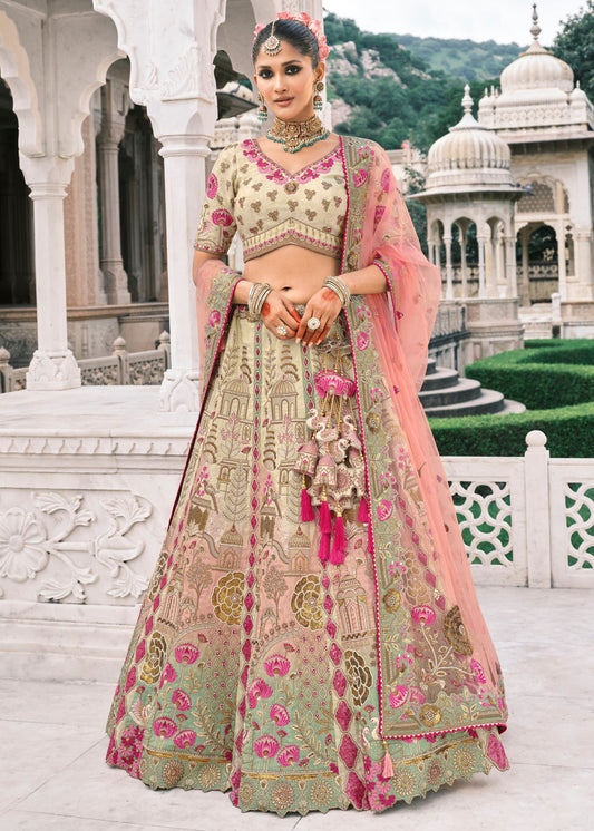 Cream, Mint Green & Pink Ombre Effect Embroidered Silk Lehenga Choli