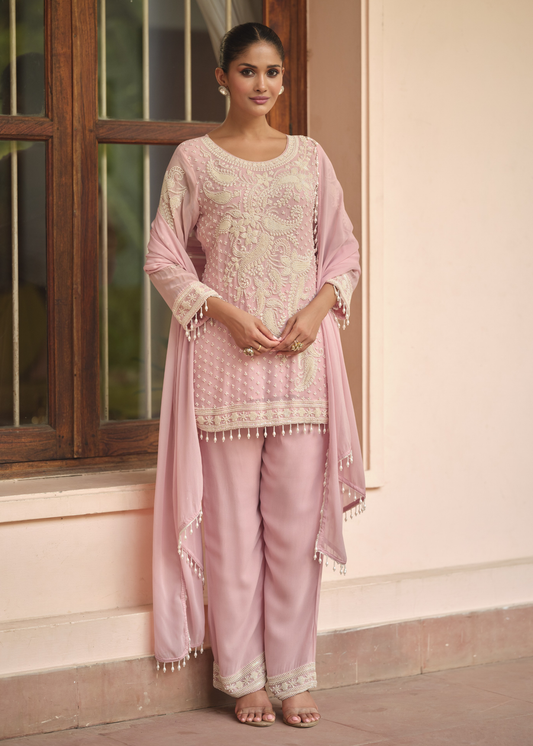 Pastel Pink Georgette Parallel Suit Set With Dupatta
