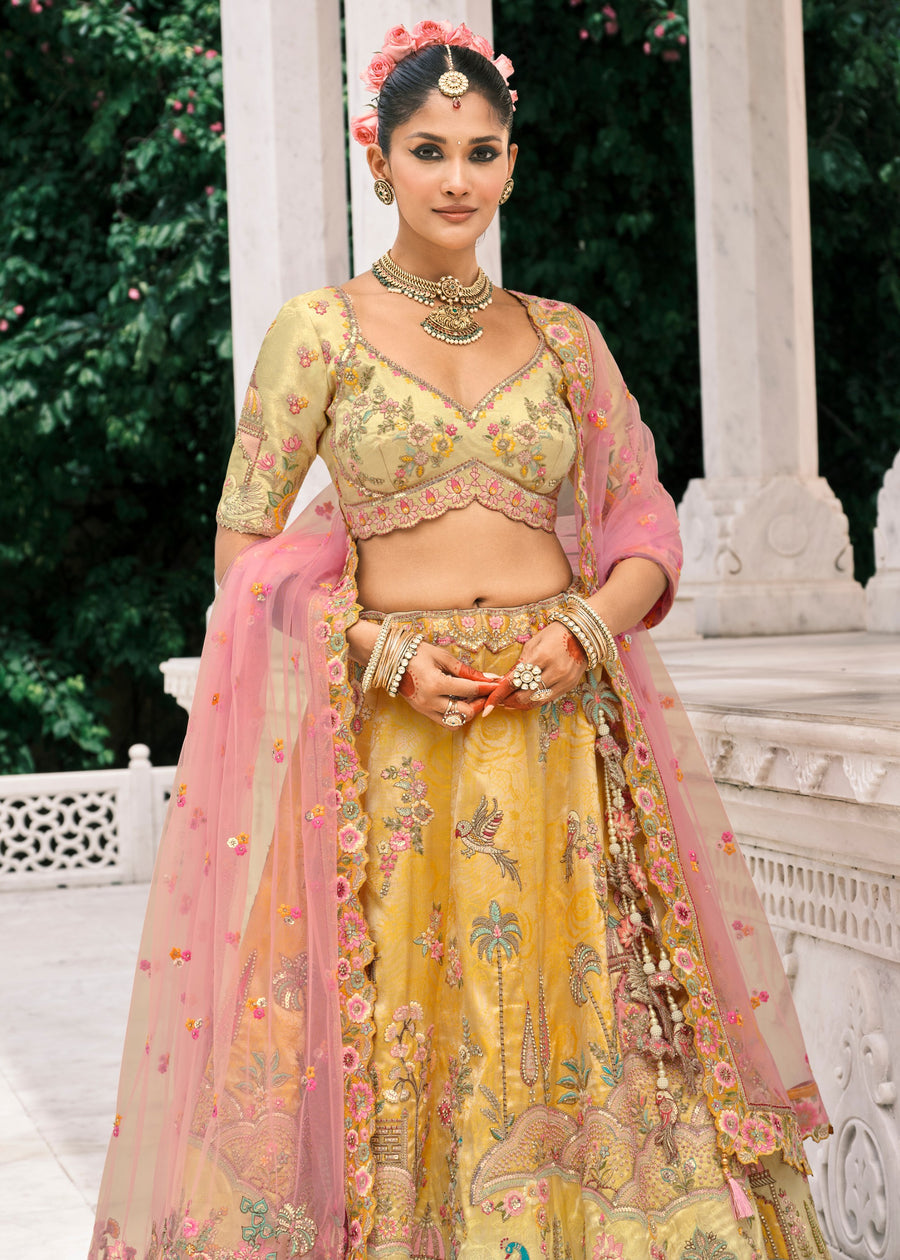 Yellow Embroidered Silk Lehenga Choli & Contrast Pink Dupatta