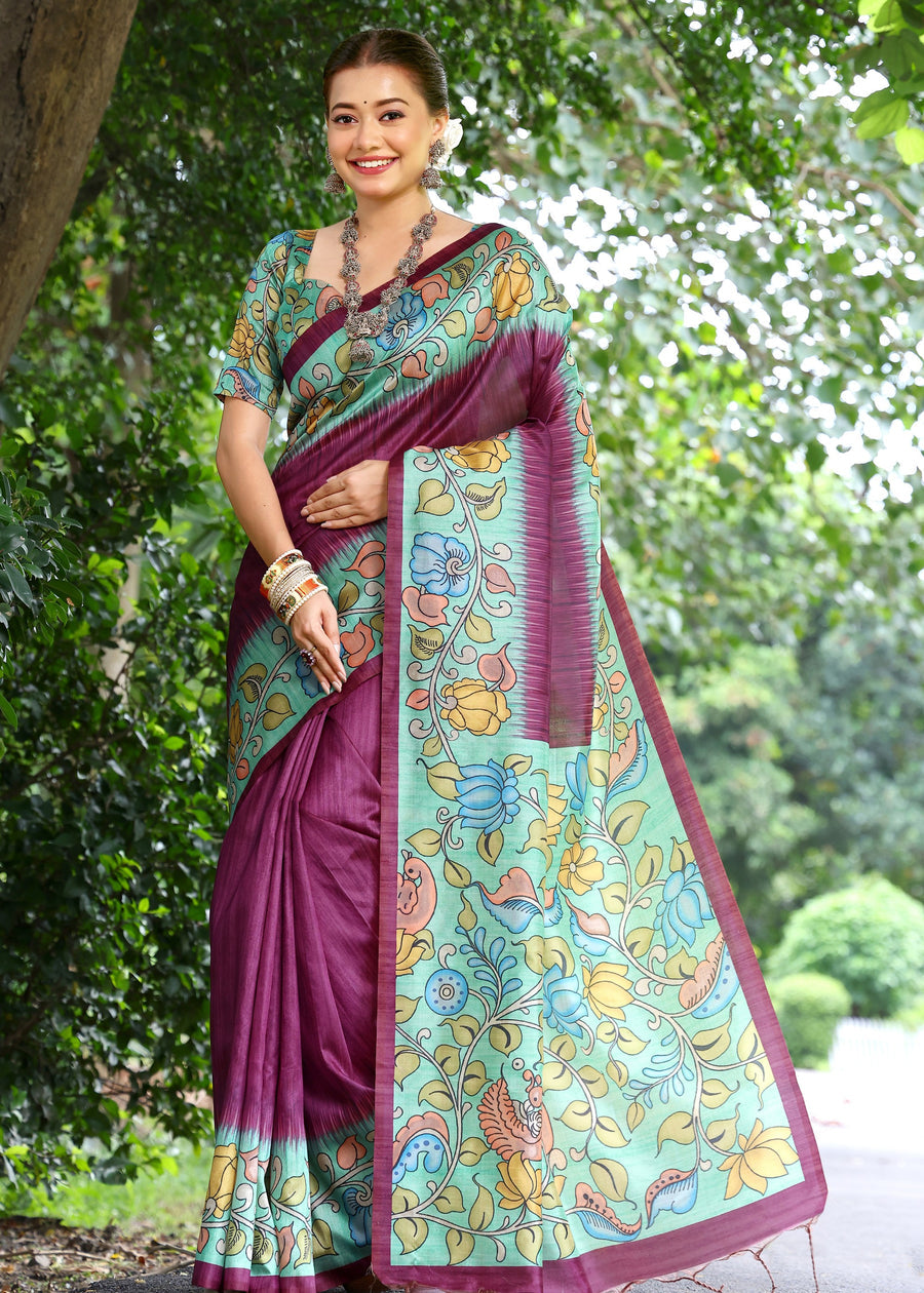 Wine Purple & Green Cotton Silk Kalamkari Saree
