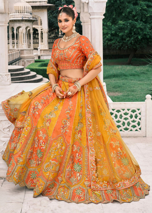 Orange & Yellow Embroidered Banarasi Silk Lehenga Choli