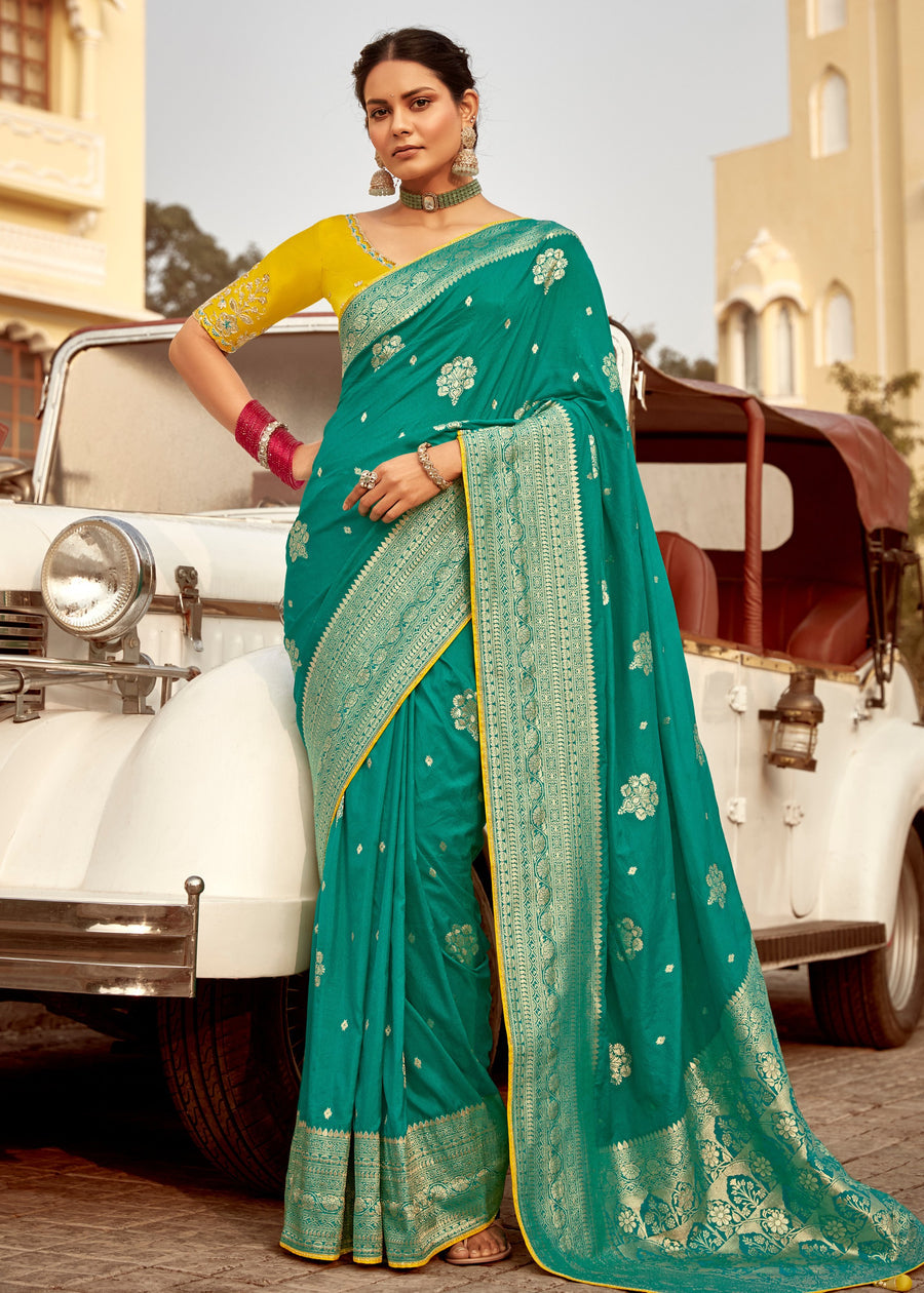 Dola Banarasi Silk Jade Green Saree With Contrast Yellow Embroidered Blouse