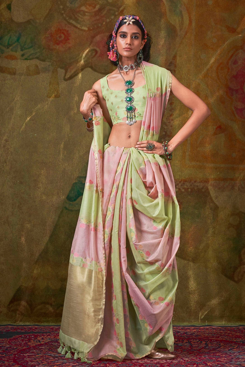Pastel Pink and Green Handwoven Cotton Silk Saree