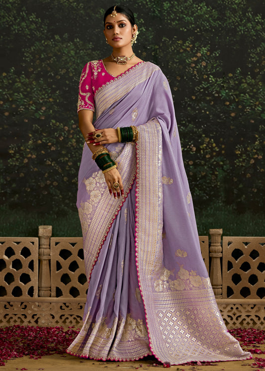Lavender Purple Dola Banarasi Silk Saree & Rani Pink Embroidered Blouse