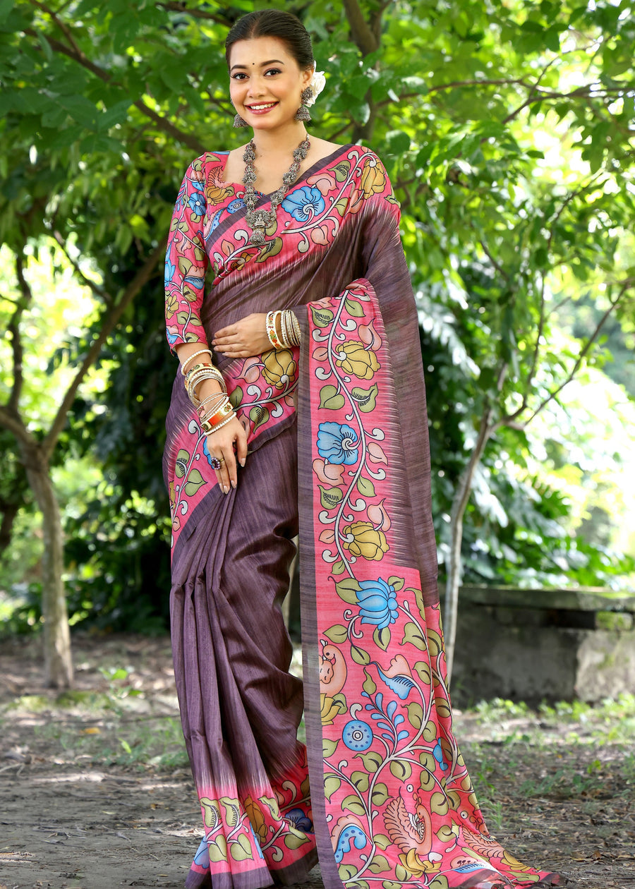 Brown & Red Cotton Silk Kalamkari Saree
