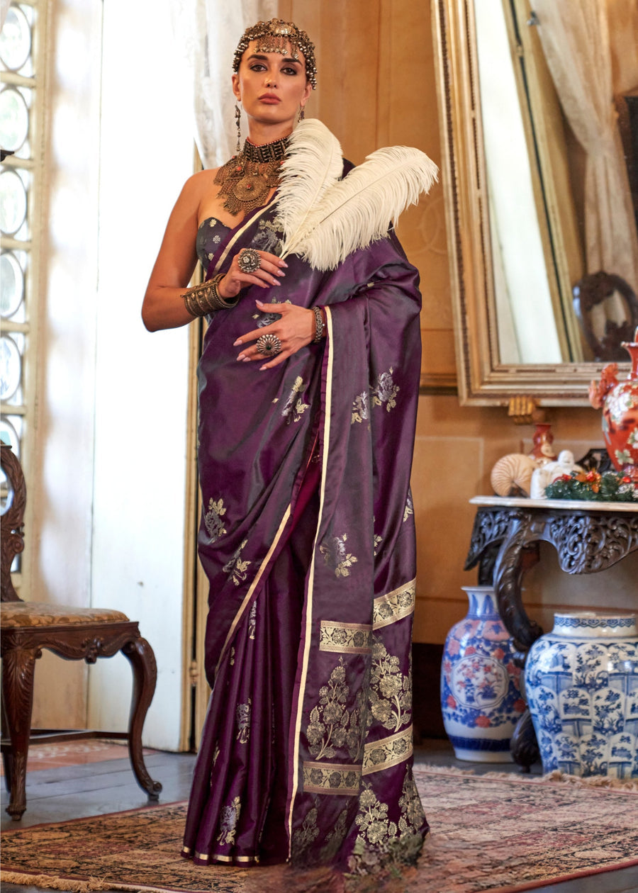 Pure Banarasi Satin Silk Chocolate Brown Handloom Saree