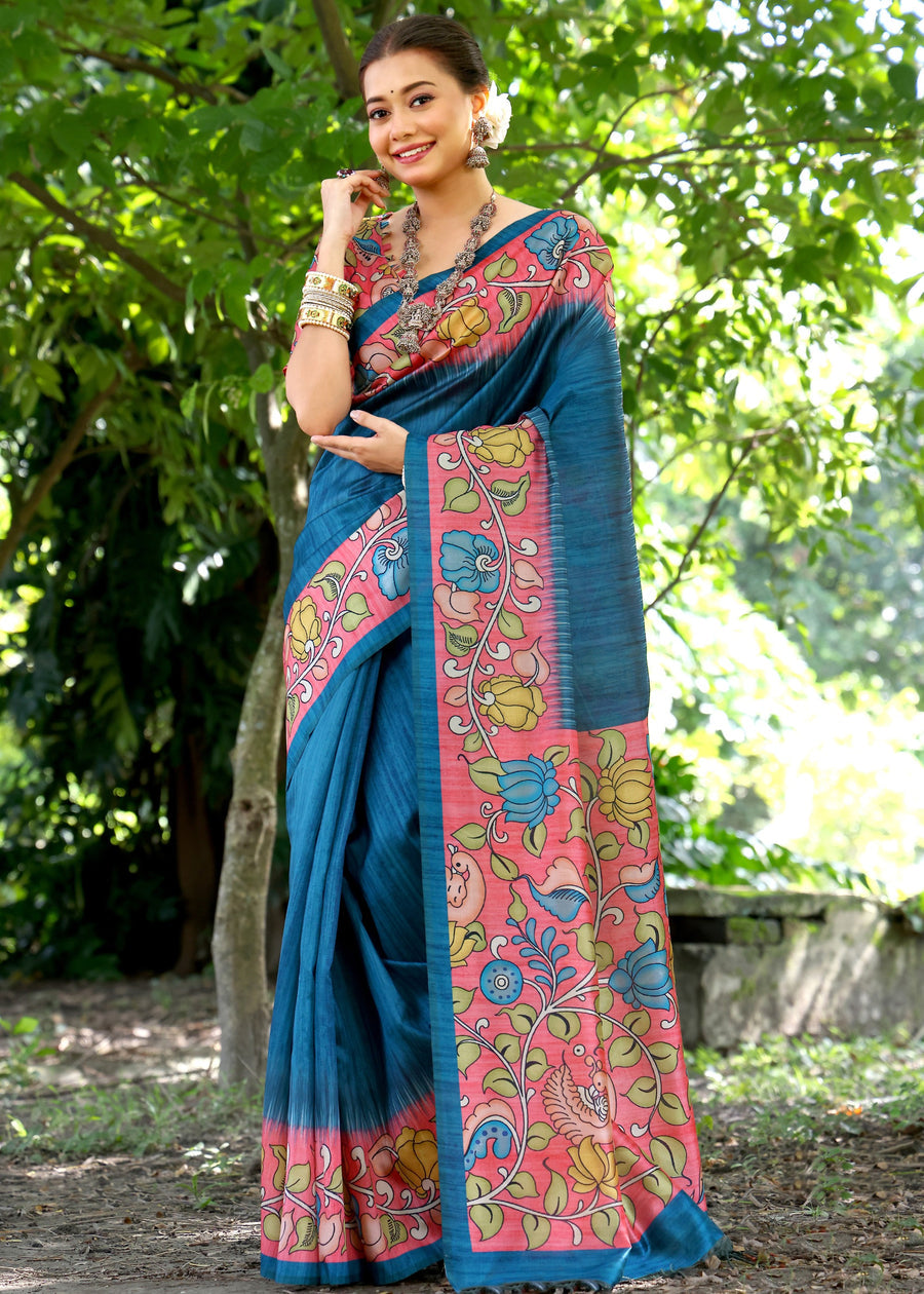 Royal Blue & Red Cotton Silk Kalamkari Saree