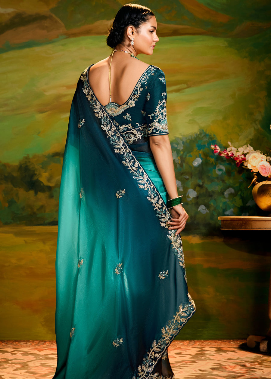 Satin Tissue Teal Blue Ombre Embroidered Saree & Contrast Blouse