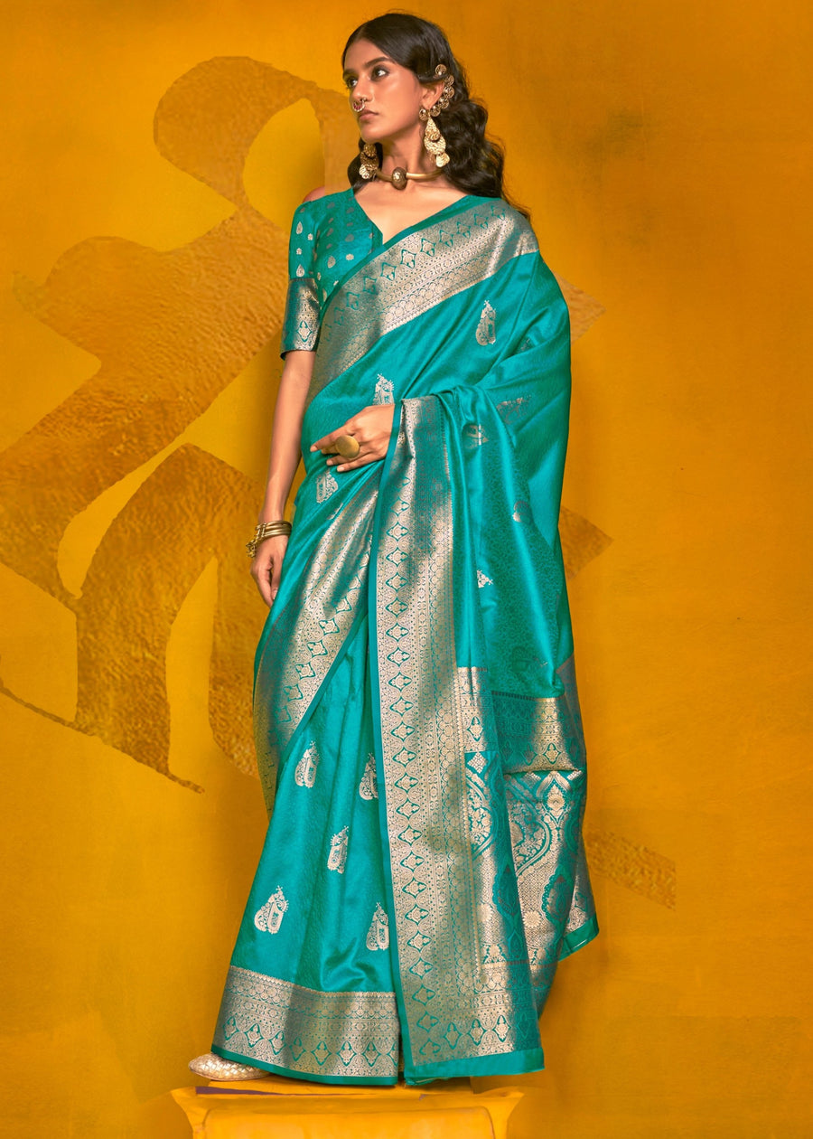 Cyan Blue Banarasi Silk Handloom Weaving Zari Saree