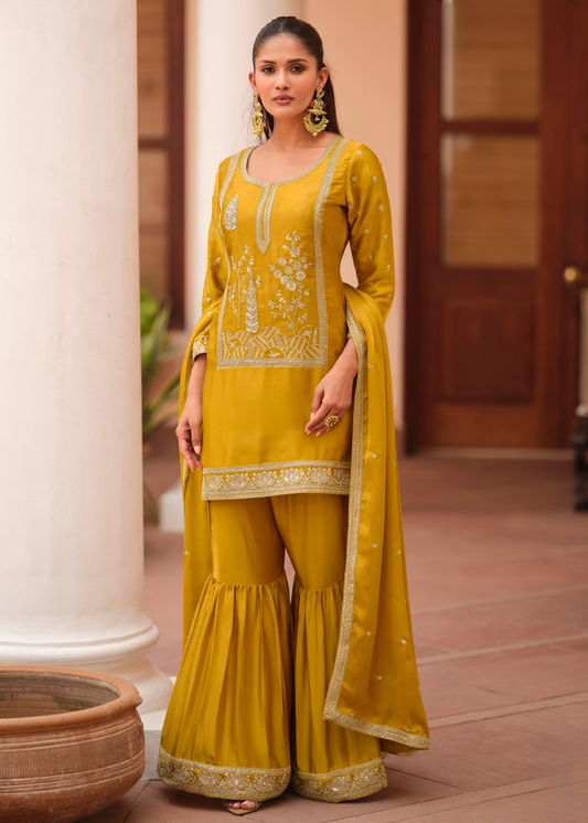 Readymade Mustard Yellow Embroidered Silk Sharara Suit Set with Dupatta
