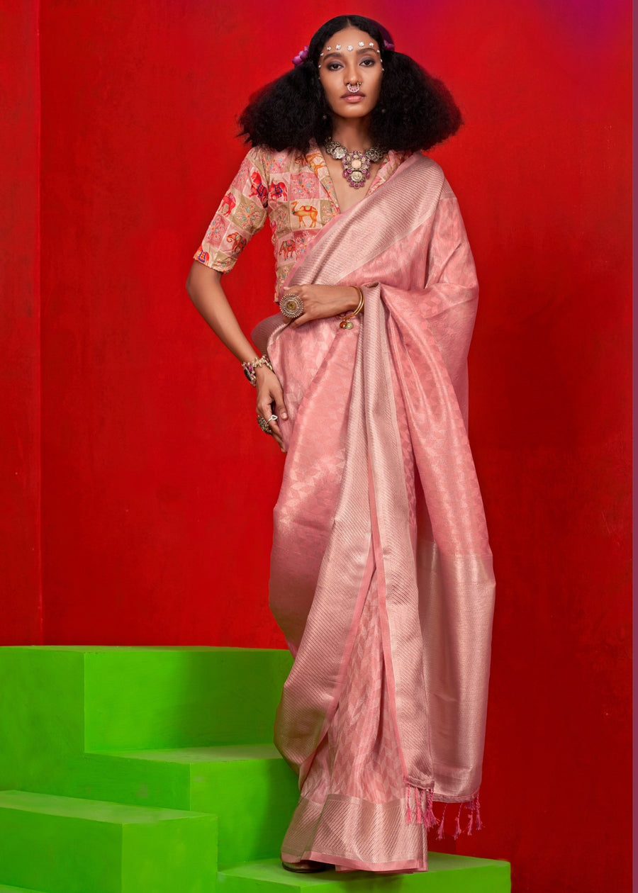 Rose Peach Banarasi Tissue Silk Handloom Saree