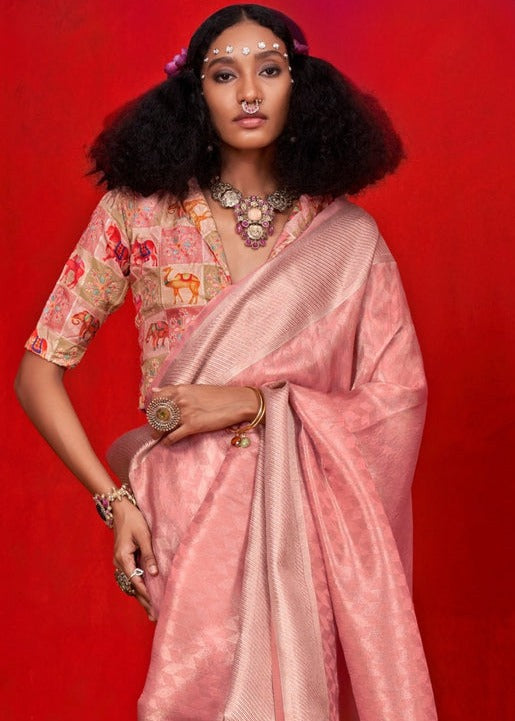 Rose Peach Banarasi Tissue Silk Handloom Saree